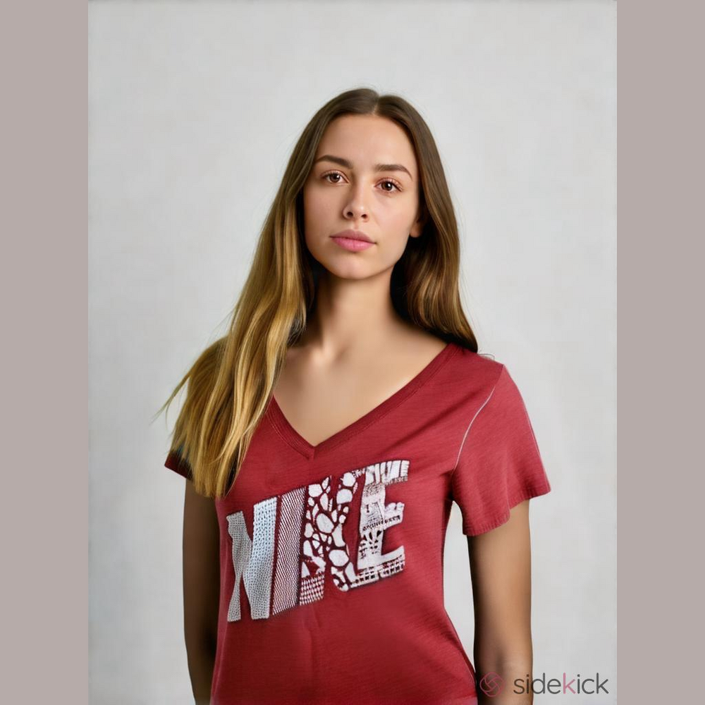 Nike Womens Size S T Shirt Red V Neck Short Sleeve Graphic Logo Athletic Tee